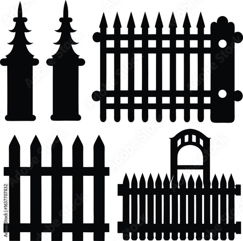 London cityscape with wrought iron fence and gate vector silhouette illustration