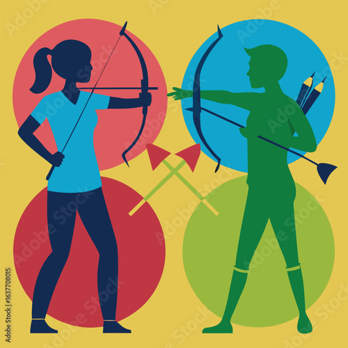 Stock image of a hunter with a rifle and a person with a bow and arrow silhouette illustration