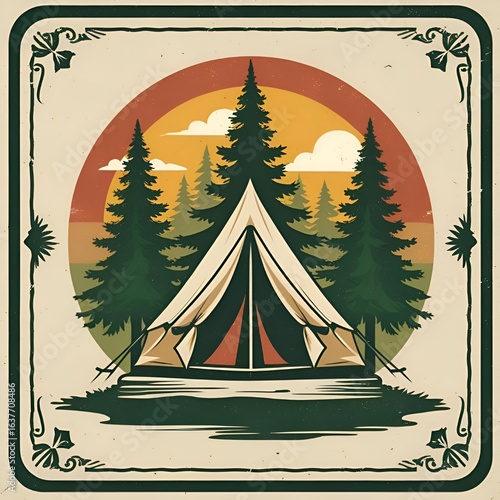 Mountain silhouette logo with sun, nature adventure theme, rustic t-shirt style, transparent PNG