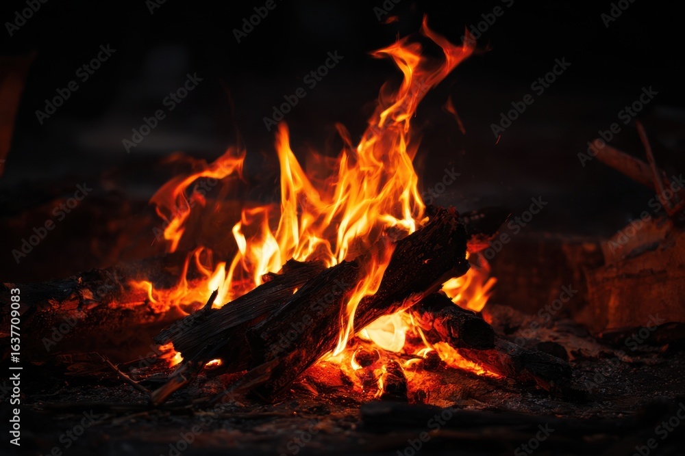 Captivating flames dancing around logs create a warm atmosphere during a nighttime gathering in the woods Captivating flames dancing around logs create a warm atmosphere during a nighttime gathering in the woods