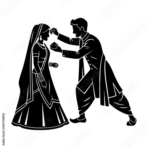 Minimal Hindu Wedding Groom Applying Sindoor Ceremony Vector Illustration