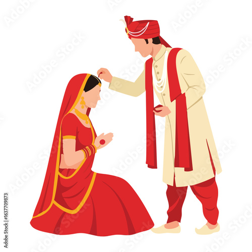 Minimal Hindu Wedding Groom Applying Sindoor Ceremony Vector Illustration