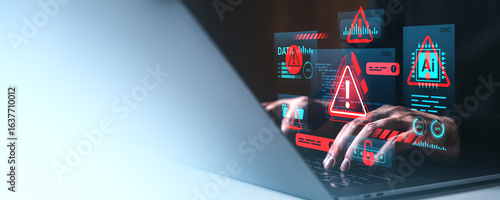 Fotografía Cybersecurity warning concept showing hands typing on a laptop with red alert symbols and data breach indicators on a high-tech screen interface