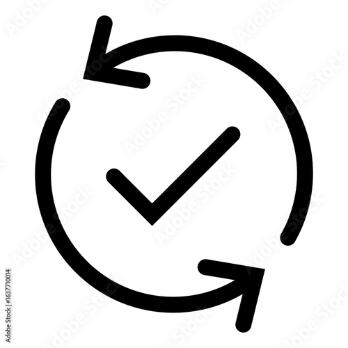 Black round checking process sync approved icon, simple turning arrows syncing flat design pictogram vector for app logo ads web webpage button ui ux interface elements isolated on white background