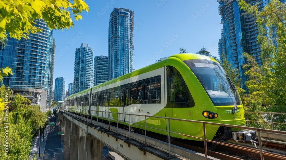 Naklejka premium Modern Green Transit Train on Elevated Tracks in Urban Setting with Skyscrapers on Sunny Day