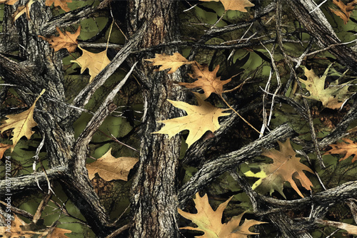 An ultra-realistic photograph of a camouflage pattern with tree trunks and leaves, on a green-colored background, in high resolution and with high levels