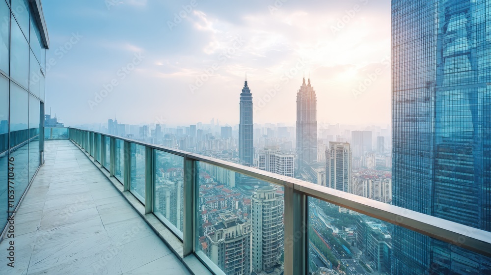 Fototapeta premium Modern Cityscape View from High-Rise Balcony: Urban Architecture and Skyline at Sunset or Sunrise