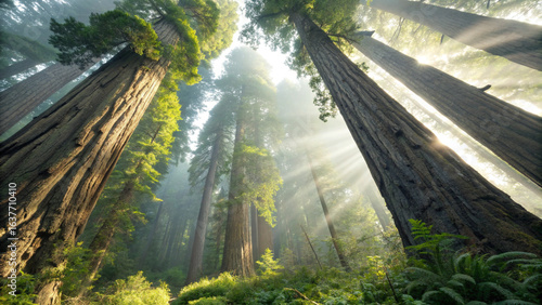 Looking up at the majestic giant sequoia trees in the national park on a sunny day, Ancient redwood tree canopy with sunlight.