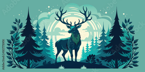 A beautiful wild stag with large antlers is silhouetted in a winter forest, capturing the spirit of nature and the holidays