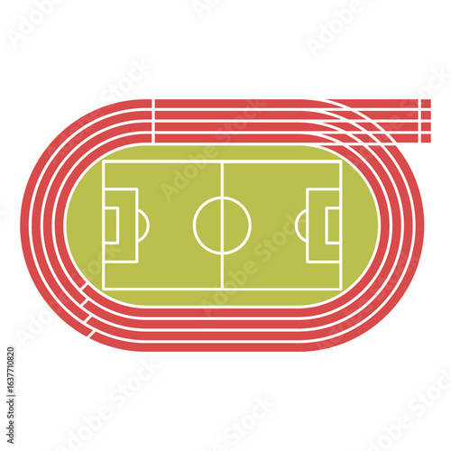 Run track with football stadium. Field for soccer and runner arena with tracks. Top view on sport or athletic arena. Racetrack with line, 8 pathways, start and finish. Vector illustration olympic game