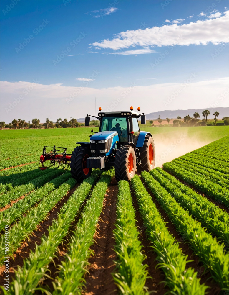 Fototapeta premium Farming tractor operates in lush green field, cultivating crops under bright blue sky, showcasing agricultural productivity