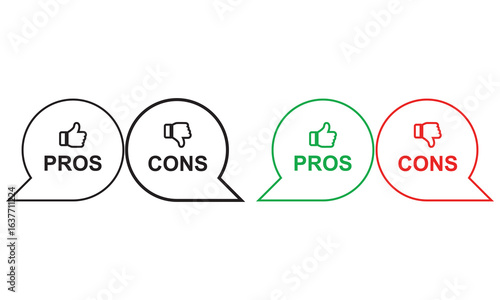 PROS and CONS icon. advantages disadvantages list template with thumbs up and down.   Vector illustration. isolated on white and black background. EPS 10