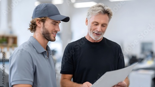 Business owners discussing signage design with print shop technician