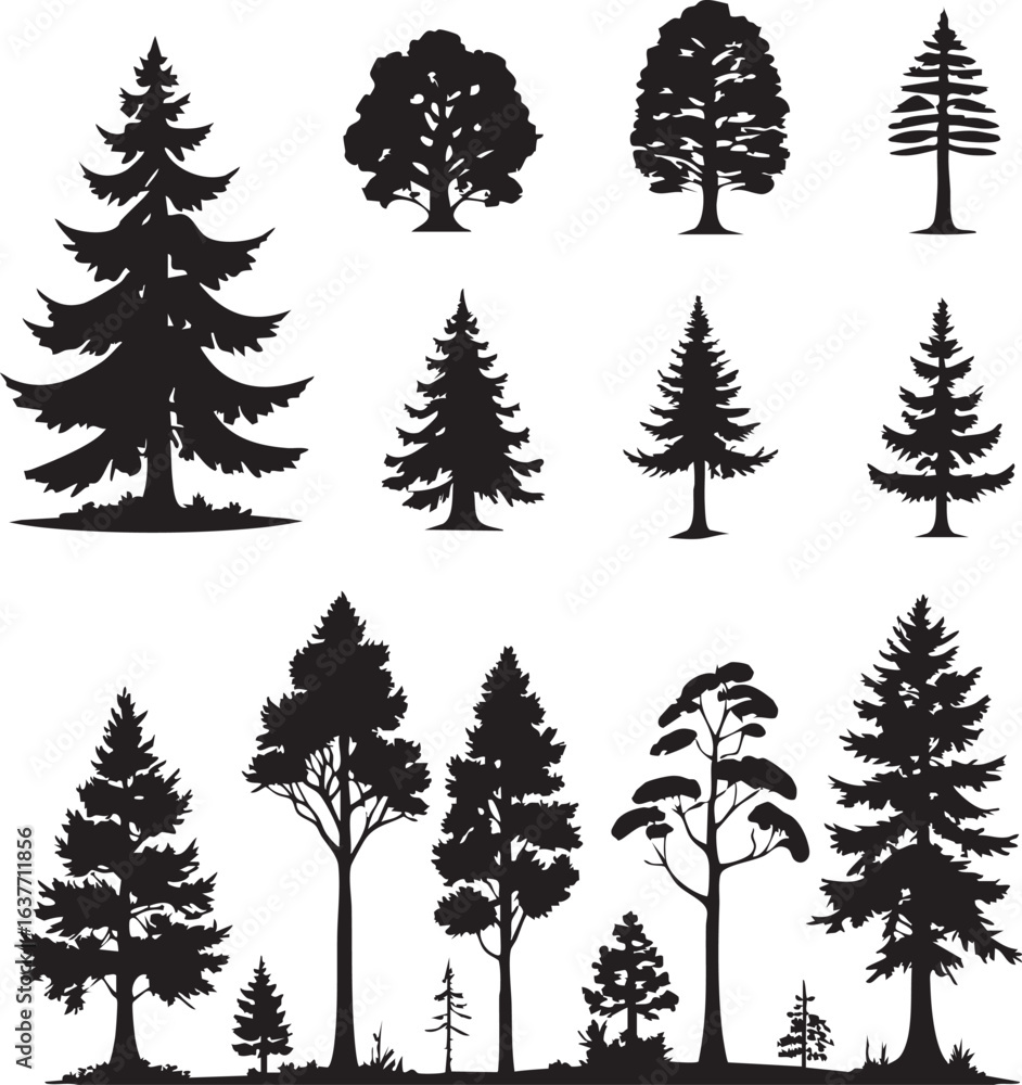 Obraz premium A collection of tree silhouettes, including a pine tree, a birch tree