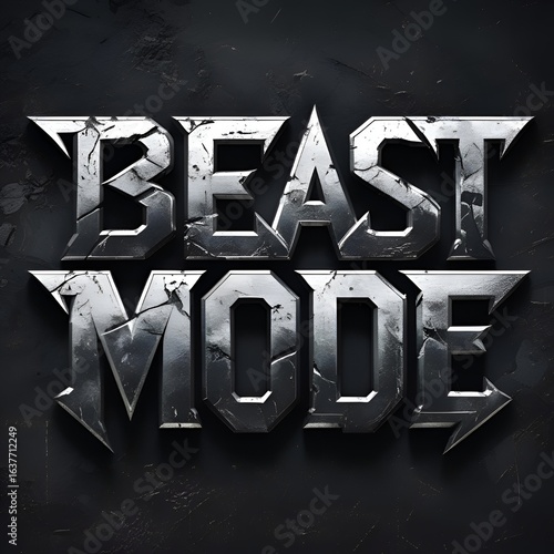 Strong and aggressive text logo “BEAST MODE” with metallic silver effect, 3D embossed style, transparent PNG