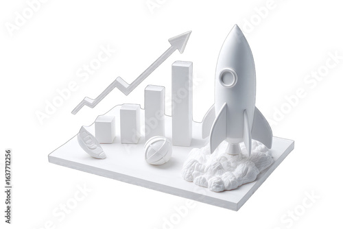 White 3D model of a rocket launching, with rising graph and assorted shapes