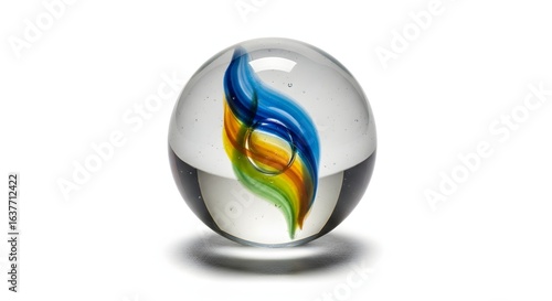 Captivating Clear Glass Marble with Swirling Blue, Green, and Orange Inclusions on a Bright White Background