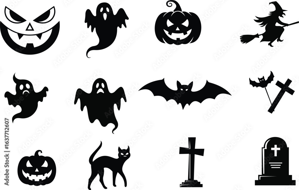 Fototapeta premium A collection of black silhouette Halloween icons, including pumpkins, ghosts, bats, witches, cats, crosses, and gravestones, perfect for spooky and seasonal designs.