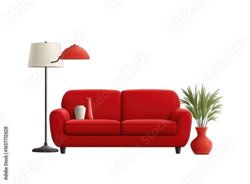 Red couch, lamp, and plant in a room