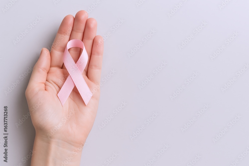 Naklejka premium Pink Ribbon Symbol Held in Hand: Breast Cancer Awareness, Hope, and Support on Gray Background