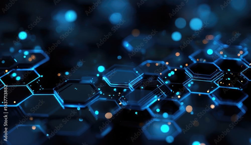 Obraz premium Abstract futuristic background with glowing hexagonal shapes and particles