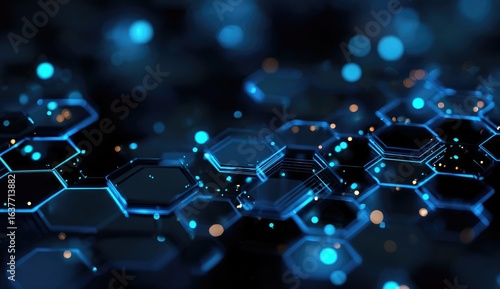 Abstract futuristic background with glowing hexagonal shapes and particles