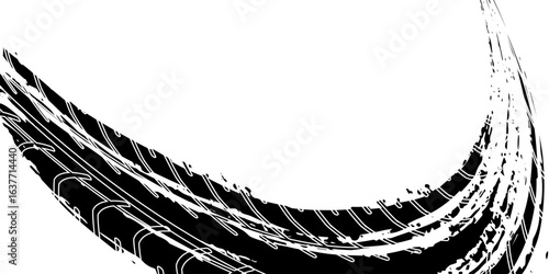 Tire tread marks, wheel textures, tire marks - car racing, motocross, drift, rally, off-road and others. Vector black isolated texture in grunge style with splashes.