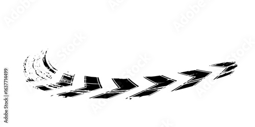 Tire tread marks, wheel textures, tire marks - car racing, motocross, drift, rally, off-road and others. Vector black isolated texture in grunge style with splashes.