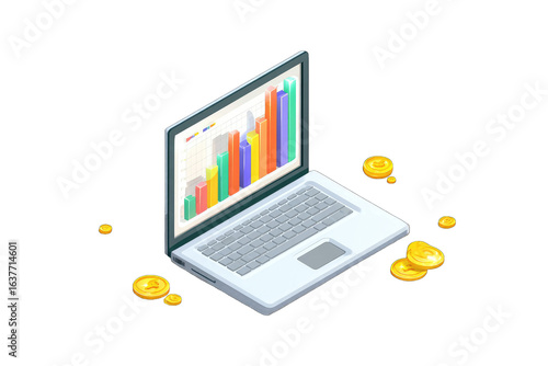 Laptop with financial graphs and coins