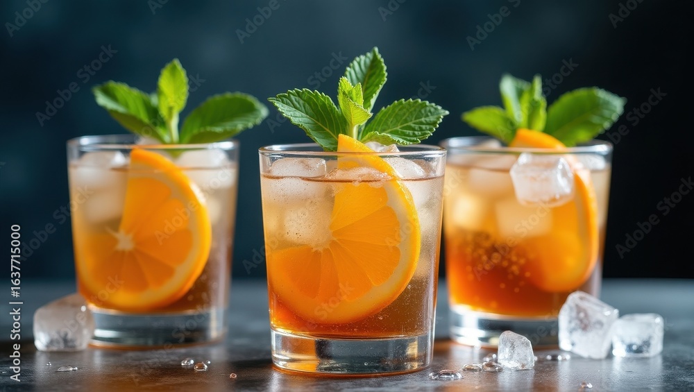 Fototapeta premium Three refreshing cocktails with orange slices and mint garnish on a dark background