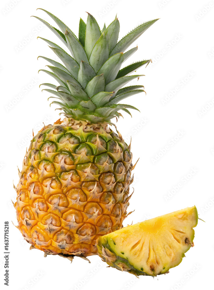 Fresh juicy pineapple with green leaves and a slice isolated on white background for healthy eating Fresh juicy pineapple with green leaves and a slice isolated on white background for healthy eating