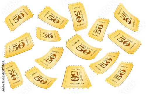 3d unlimited yellow flying cashback gift vouchers template in angles, isolated on white background. Flying discount coupons with coupon code, 50% off, percentage off for sale off event in 3d vector