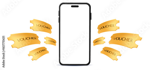 3d blank smart phone mockup with gift voucher cards template flying out, isolated on white background. Cashback coupon with phone banner template in 3d vecotor. Vector illustration