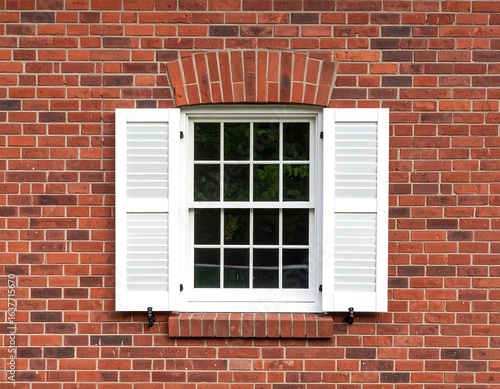 Exterior brick wall with white window shutters