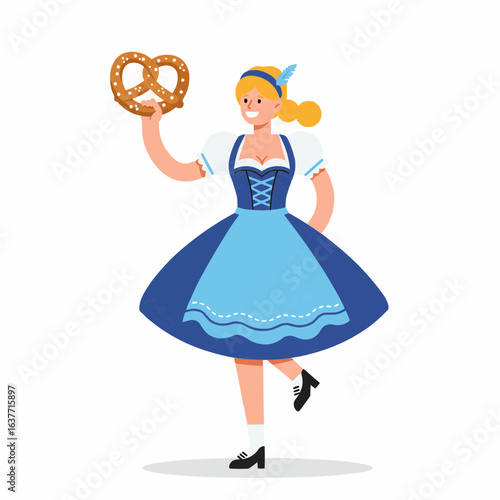 Happy Bavarian woman in dirndl dancing joyfully with a pretzel in hand during Oktoberfest