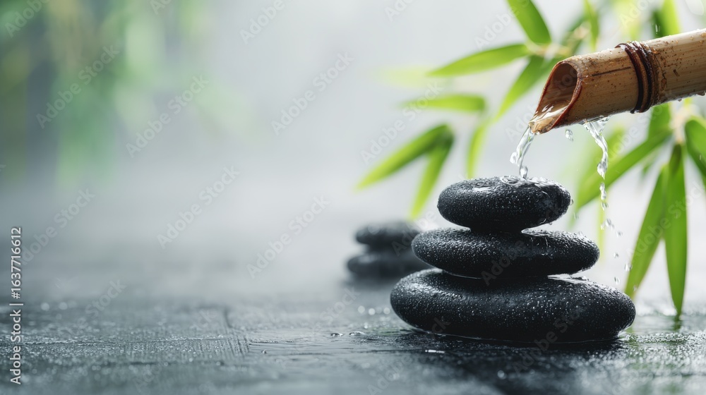 Naklejka premium Zen Stones with Bamboo Fountain and Water, Representing Spa, Wellness, Relaxation and Balance