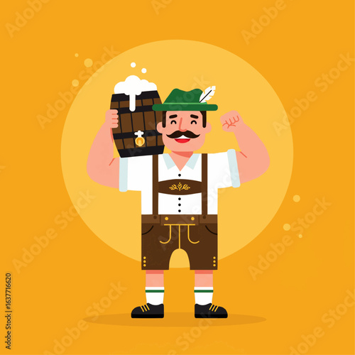 Strong Bavarian man in lederhosen lifting a small wooden beer keg with a smile