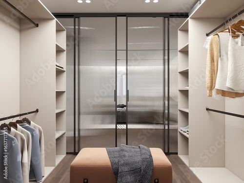 Fotografía Spacious modern walk-in closet with open shelving, hanging rails, frosted glass