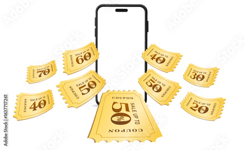 3d blank smart phone mockup with gift voucher cards flying out, coupon code, 50% off, isolated on white background. Cashback coupon with phone banner template in 3d vecotor. Vector illustration