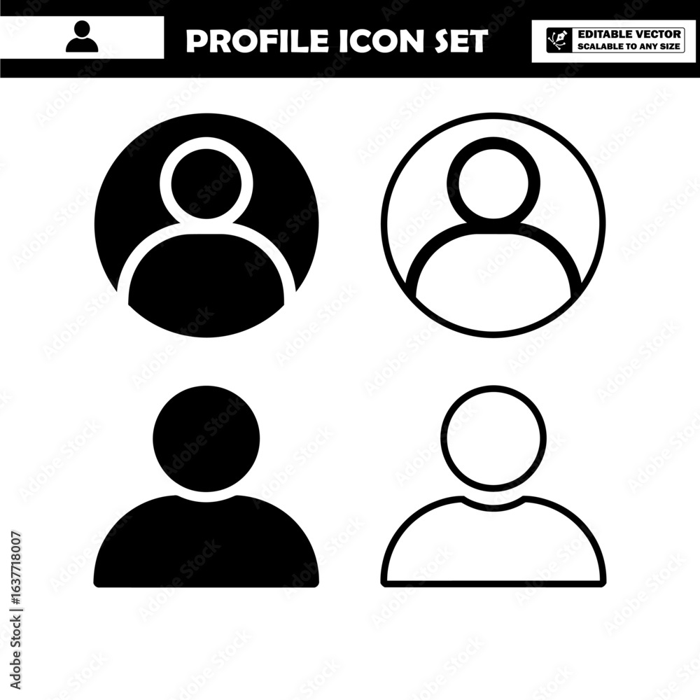 Profile icon set in black and white with circular and outline styles for digital design projects Profile icon set in black and white with circular and outline styles for digital design projects