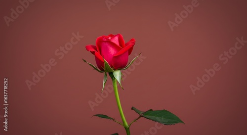 A single beautiful red rose with a green stem and leaves isolated on a plain mauve background, symbolizing love and romance.