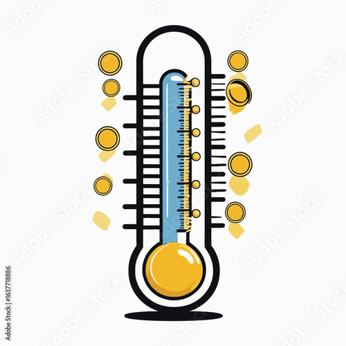 A clear illustration of a thermometer with a rising blue column and golden coins, symbolizing financial progress, successful fundraising, and the achievement of monetary goals.
