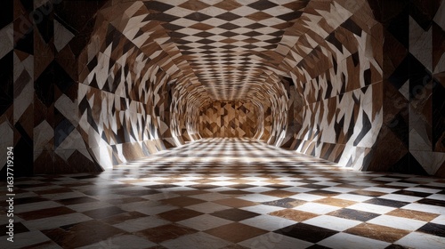Abstract Geometric Tunnel with Brown and White Patterned Floor