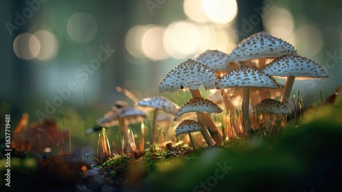 Cluster of dotted mushrooms growing on forest floor illuminated by soft bokeh light at sunset.