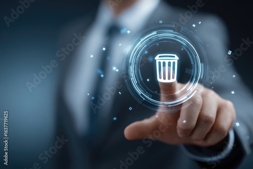 Businessman's finger activates digital trash can icon