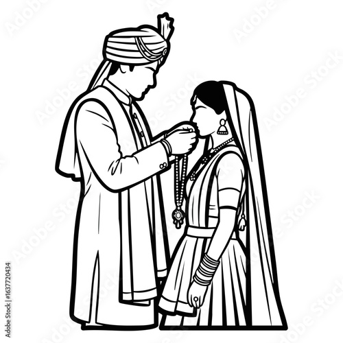 Minimal Hindu Wedding Groom Tying Mangalsutra Ceremony Vector Illustration
