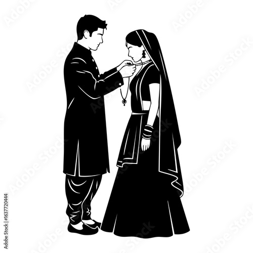 Minimal Hindu Wedding Groom Tying Mangalsutra Ceremony Vector Illustration