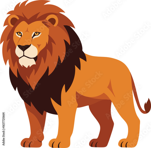 Lion standing with detailed mane and calm expression in natural pose vector illustration 