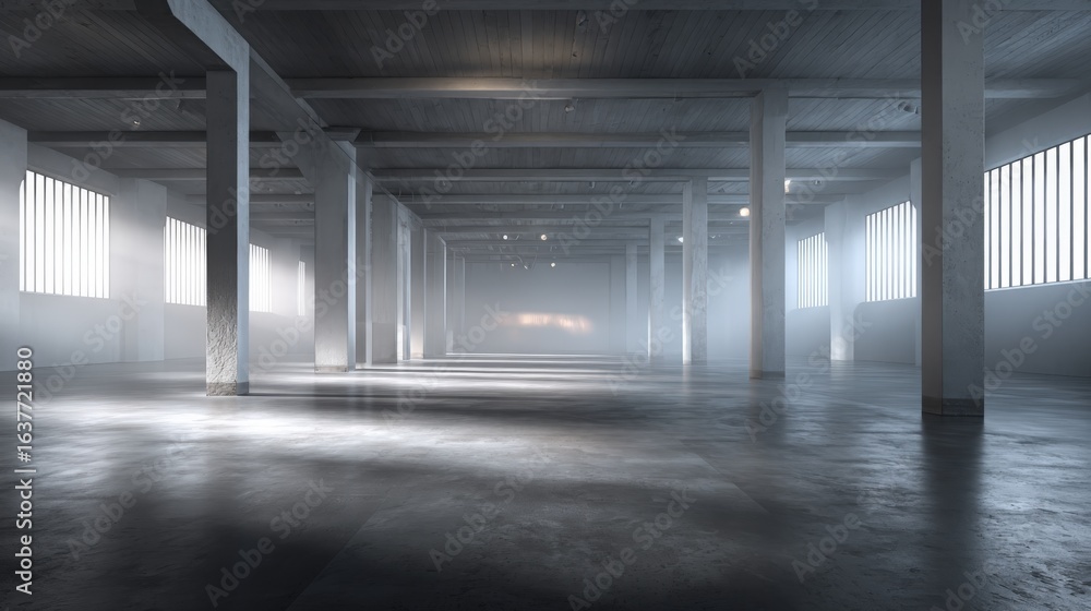 Obraz premium Spacious Empty Concrete Warehouse Interior with Columns and Natural Light, Ideal for Industrial or Commercial Space
