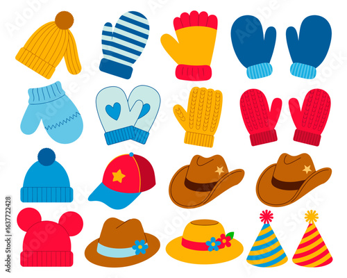Collection of Cartoon Hats and Mittens in Various Styles and Colors for Winter Fashion or Party Supplies